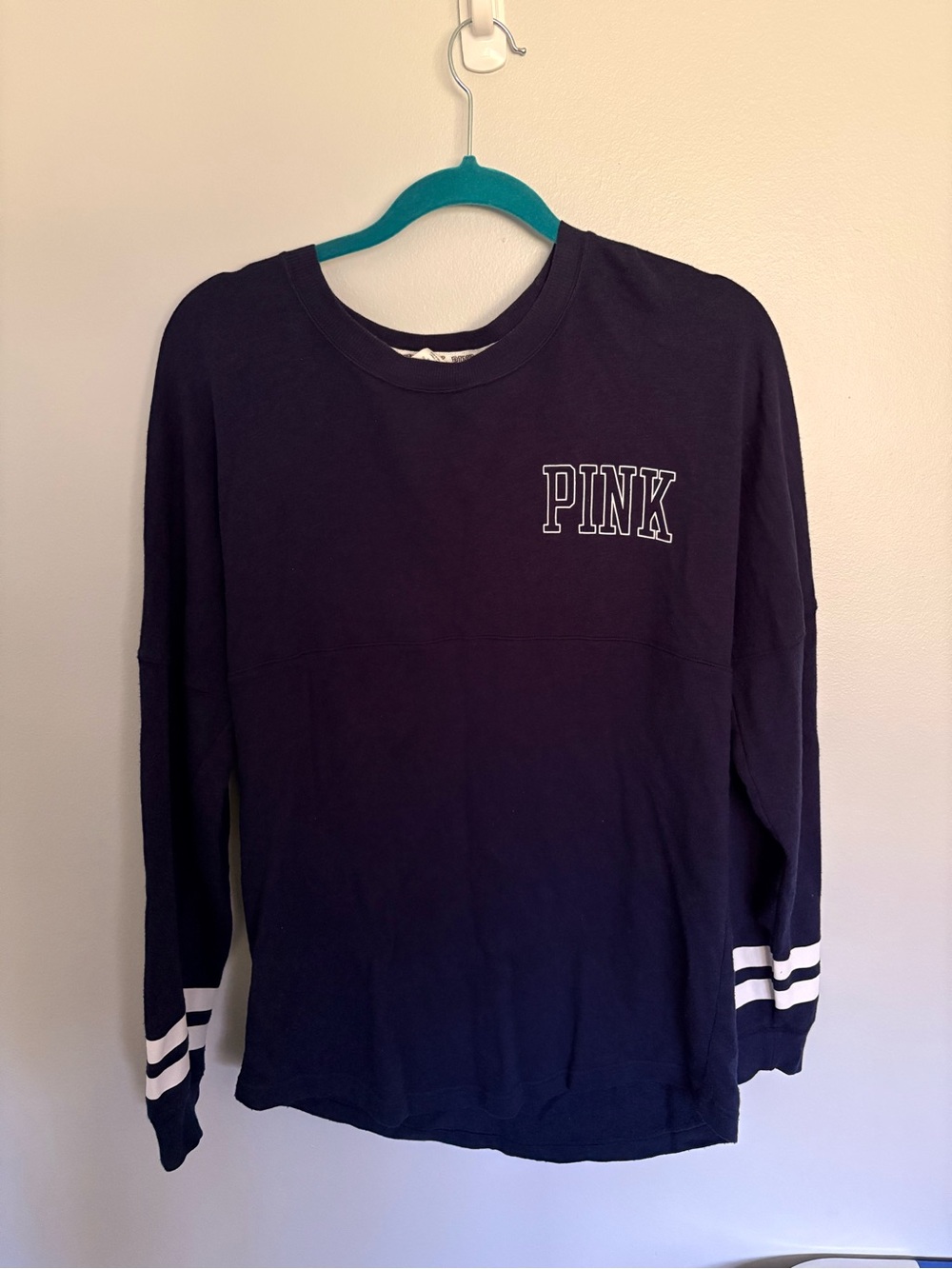PINK Victoria's Secret Navy Blue Long Sleeve Crewneck with White Stripe Sleeves